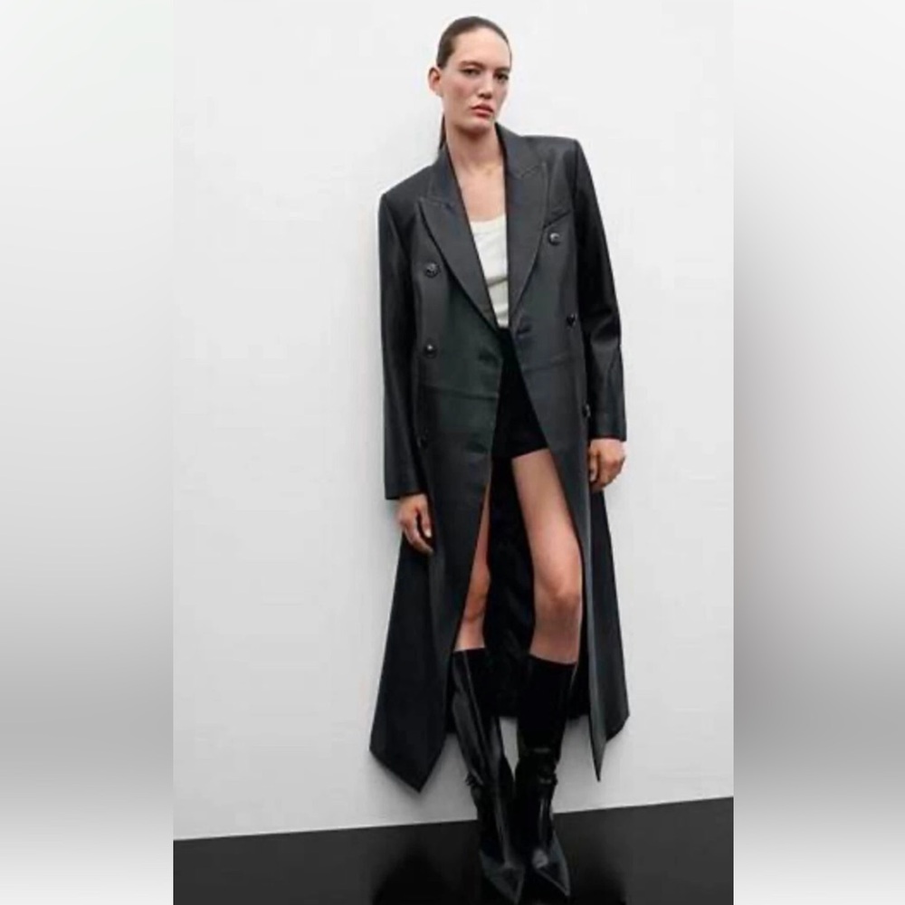 Mango Black Long Double-Breasted Leather Coat